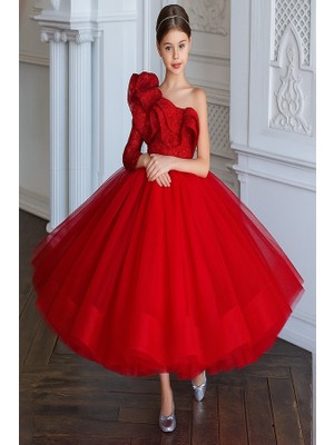 Miço Kids Tek Omuz Abiye Çocuk Elbisesi Tül Kabarık Parti ve Doğum Günü Elbisesi