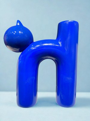 İki Cadı Tasarım Mavi Kedi Figürlü Seramik Vazo | Dekoratif Masaüstü Obje, Modern Ev Aksesuarı