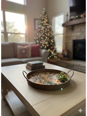 İki Cadı Tasarım Çiçek ve Yaprak Detaylı Dekoratif Metal Tepsi