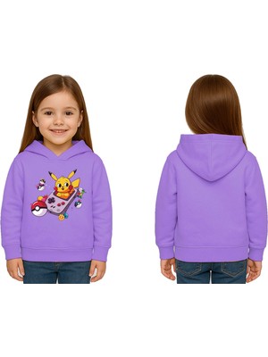 Sedirli Unisex Pikaçu Baskılı Çocuk Swaetshirt Kapşonlu 3 Iplik Şardonlu