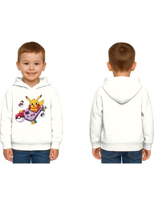 Sedirli Unisex Pikaçu Baskılı Çocuk Swaetshirt Kapşonlu 3 Iplik Şardonlu