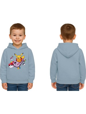 Sedirli Unisex Pikaçu Baskılı Çocuk Swaetshirt Kapşonlu 3 Iplik Şardonlu