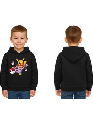 Sedirli Unisex Pikaçu Baskılı Çocuk Swaetshirt Kapşonlu 3 Iplik Şardonlu