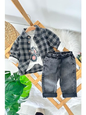 Miniğimin Cicileri Traktör Baskılı Oduncu Gömlekli Spor 3 Lü Takım - Füme