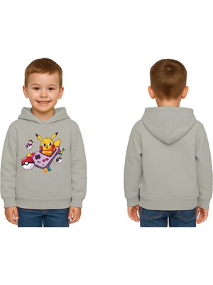 Sedirli Unisex Pikaçu Baskılı Çocuk Swaetshirt Kapşonlu 3 Iplik Şardonlu
