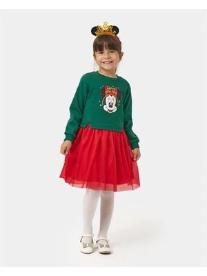 Magu Kız Çocuk Pamuklu Yeşil Kırmızı Yeni Yıl Baskılı Tül Etekli Elbise