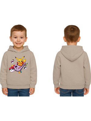 Sedirli Unisex Pikaçu Baskılı Çocuk Swaetshirt Kapşonlu 3 Iplik Şardonlu