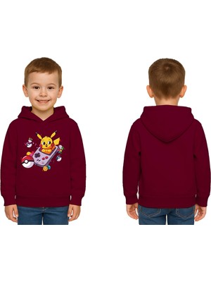 Sedirli Unisex Pikaçu Baskılı Çocuk Swaetshirt Kapşonlu 3 Iplik Şardonlu