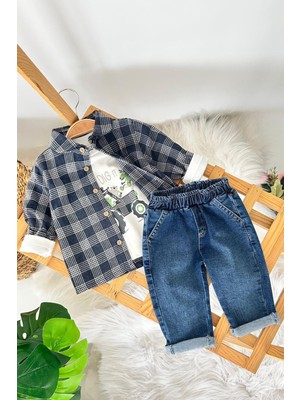 Miniğimin Cicileri Traktör Baskılı Oduncu Gömlekli Spor 3 Lü Takım - Lacivert