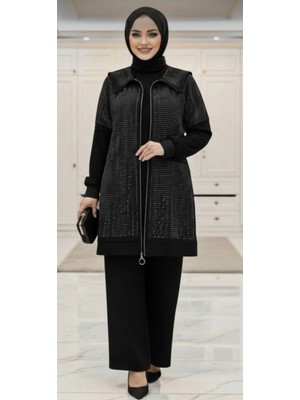Muhteşem Taşlı Takım Siyah Taş Detaylı Tesettür Ikili Takım Esnek Kristal Belis Kumaş