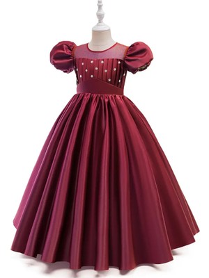 Miço Kids Boncuk Detaylı , Yuvarlak Yaka Düz Renkli Kız Çocuk  Prenses Abiye