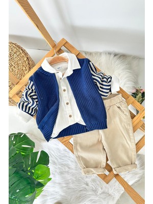 Miniğimin Cicileri Örgü Hırkalı Erkek Bebek 3 Lü Pamuk Takım - Lacivert