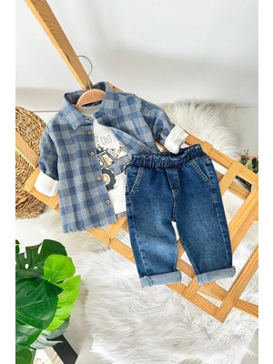 Miniğimin Cicileri Traktör Baskılı Oduncu Gömlekli Spor 3 Lü Takım - Indigo