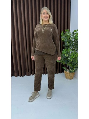 Mare Butik Asimetrik Detaylı Kadife Dokulu Ikili Takım Kahverengi