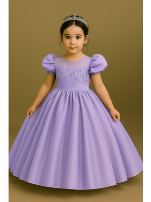 Miço Kids Boncuk Detaylı , Yuvarlak Yaka Düz Renkli Kız Çocuk  Prenses Abiye