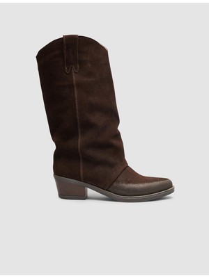 Cabani Hakiki Süet Deri Kahverengi Uzun Western Günlük Çizme