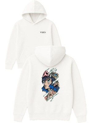 Vsrn Tatlı Anime Tasarım Baskılı Oversize Beyaz Kapüşonlu Sweatshirt