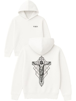 Vsrn Haç Işareti Tasarım Baskılı Oversize Beyaz Kapüşonlu Sweatshirt