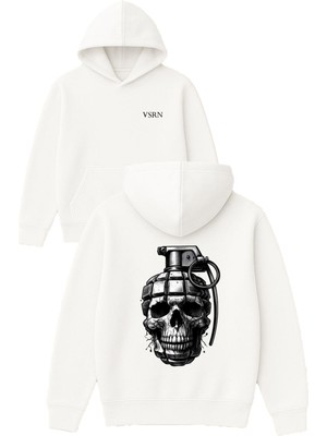 Vsrn Kurukafalı El Bombası Tasarım Baskılı Oversize Beyaz Kapüşonlu Sweatshirt