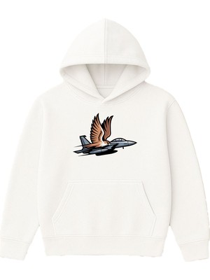 Vsrn Şahin Jet Tasarım Baskılı Oversize Beyaz Kapüşonlu Sweatshirt