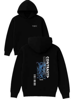 Vsrn Contrasrt Tasarım Baskılı Oversize Siyah Kapüşonlu Sweatshirt