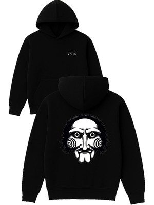 Vsrn Korkunç Maske Tasarım Baskılı Oversize Siyah Kapüşonlu Sweatshirt