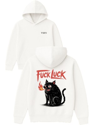 Vsrn Fck Luck Tasarım Baskılı Oversize Beyaz Kapüşonlu Sweatshirt