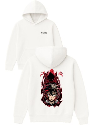Vsrn Şeytan Anime Tasarım Baskılı Oversize Beyaz Kapüşonlu Sweatshirt
