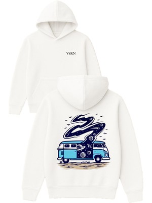 Vsrn Karavan Uzay Tasarım Baskılı Oversize Beyaz Kapüşonlu Sweatshirt