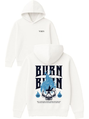 Vsrn Burn Burn Tasarım Baskılı Oversize Beyaz Kapüşonlu Sweatshirt
