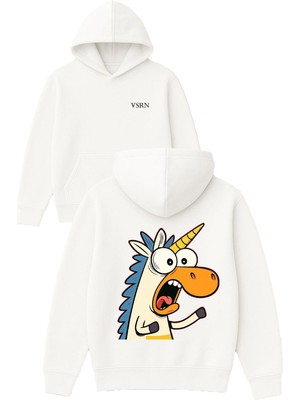 Vsrn Korkmuş At Tasarım Baskılı Oversize Beyaz Kapüşonlu Sweatshirt