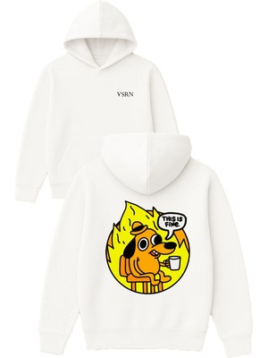 Vsrn Thıs Is Fine Tasarım Baskılı Oversize Beyaz Kapüşonlu Sweatshirt