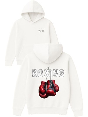 Vsrn Boxıng Kırmızı Eldiven Tasarım Baskılı Oversize Beyaz Kapüşonlu Sweatshirt
