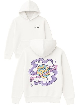 Vsrn Galaksi Tasarım Baskılı Oversize Beyaz Kapüşonlu Sweatshirt
