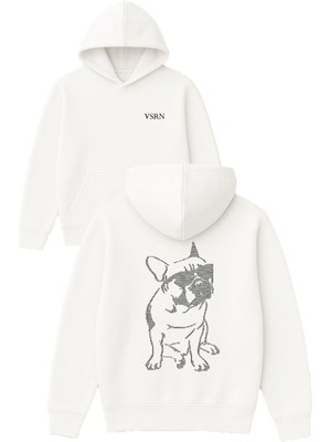 Vsrn Pug Gözlüklü Tasarım Baskılı Oversize Beyaz Kapüşonlu Sweatshirt