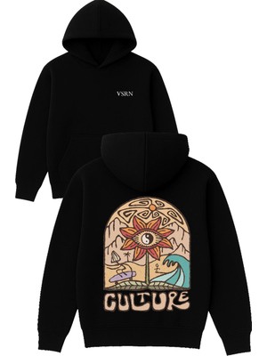 Vsrn Papatya Culture Tasarım Baskılı Oversize Siyah Kapüşonlu Sweatshirt