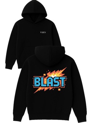 Vsrn Blast Tasarım Baskılı Oversize Siyah Kapüşonlu Sweatshirt