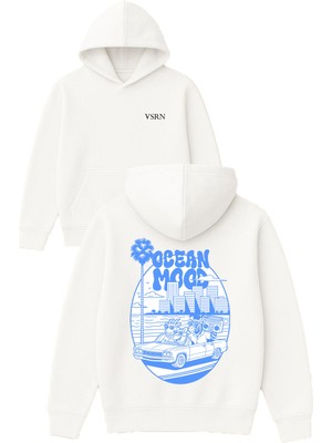 Vsrn Ocean Mood Tasarım Baskılı Oversize Beyaz Kapüşonlu Sweatshirt