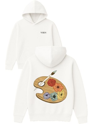 Vsrn Ressam Tasarım Baskılı Oversize Beyaz Kapüşonlu Sweatshirt