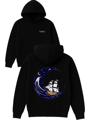 Vsrn Ayda Gemi Tasarım Baskılı Oversize Siyah Kapüşonlu Sweatshirt