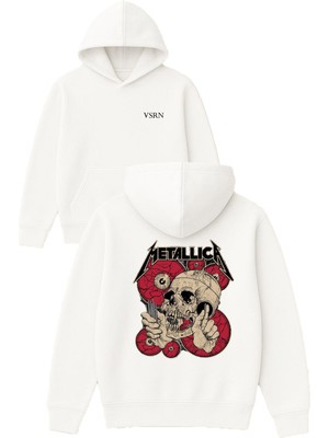 Vsrn Metalika Tasarım Baskılı Oversize Beyaz Kapüşonlu Sweatshirt