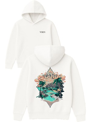 Vsrn Dağdan Akan Su Tasarım Baskılı Oversize Beyaz Kapüşonlu Sweatshirt