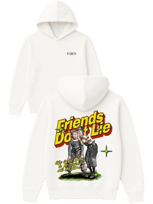Vsrn Friends Dont Lie Tasarım Baskılı Oversize Beyaz Kapüşonlu Sweatshirt