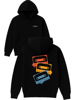 Vsrn Kasetler Tasarım Baskılı Oversize Siyah Kapüşonlu Sweatshirt