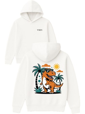 Vsrn Güneşlenen Dinazor Tasarım Baskılı Oversize Beyaz Kapüşonlu Sweatshirt