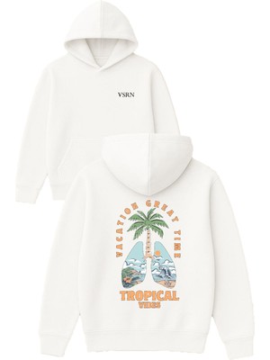 Vsrn Tropıcal Vıbes Tasarım Baskılı Oversize Beyaz Kapüşonlu Sweatshirt