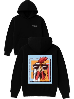 Vsrn Yakışıklı Horoz Tasarım Baskılı Oversize Siyah Kapüşonlu Sweatshirt