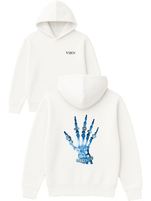 Vsrn Pırlantalı El Tasarım Baskılı Oversize Beyaz Kapüşonlu Sweatshirt