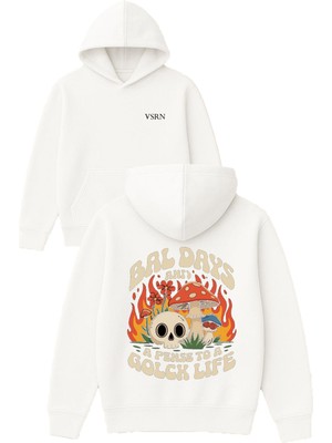 Vsrn Bal Days Tasarım Baskılı Oversize Beyaz Kapüşonlu Sweatshirt