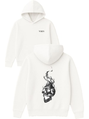Vsrn Dumanlı Kurukafa Tasarım Baskılı Oversize Beyaz Kapüşonlu Sweatshirt